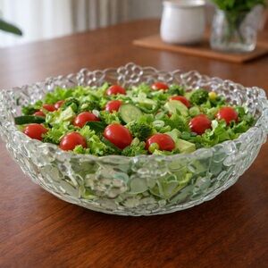 Vintage Pressed Glass Bowl with Flower and Leaf Pattern.